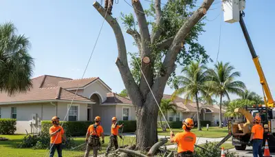 Arborists performing precise tree removal with rigging and bucket truck in Cape Coral, FL