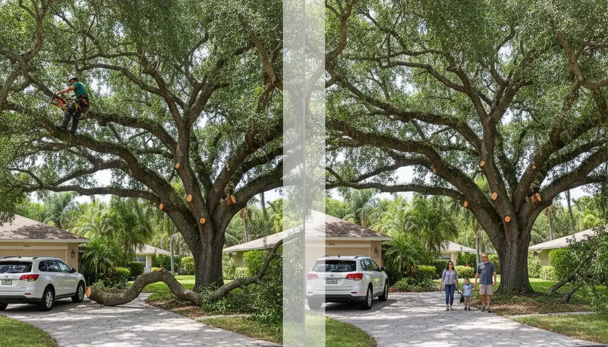 Arborist raising tree canopy for improved clearance and safety in Cape Coral, FL driveway trimming scene