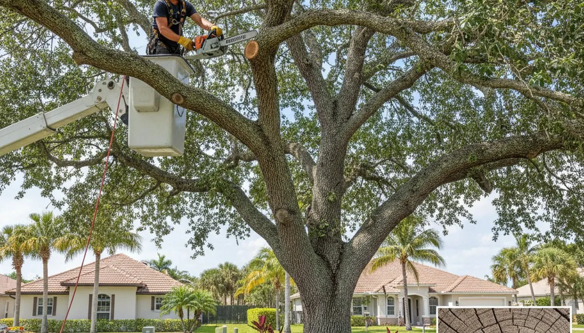 Arborist removing dead branches from mature tree in Cape Coral FL using safe professional trimming equipment