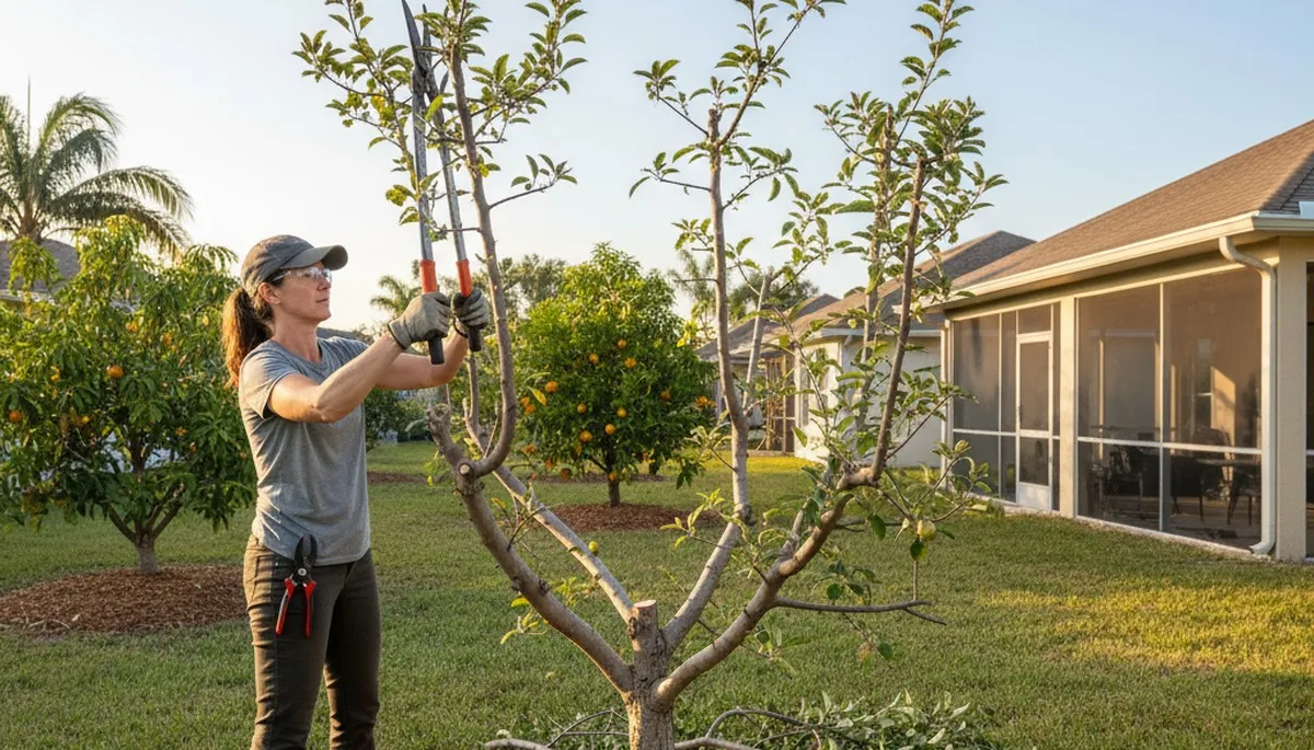 Arborist pruning fruit tree for better yield in Cape Coral FL backyard orchard