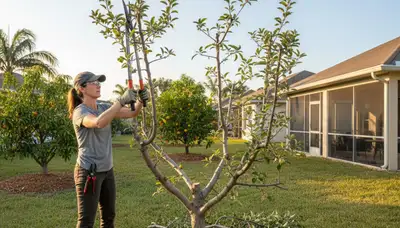 Arborist pruning fruit tree for better yield in Cape Coral FL backyard orchard