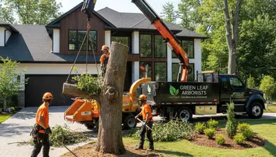 Professional landscaping and tree removal crew in Cape Coral, FL trimming palm trees near waterfront homes