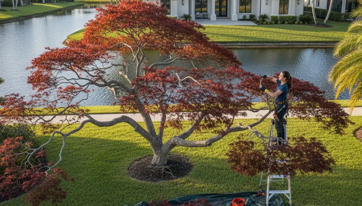Arborist hand pruning ornamental tree for balanced shape in Cape Coral FL residential landscape