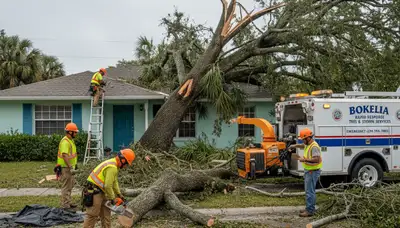 Emergency tree removal crew clearing storm-damaged trees in Bokeelia, FL near Cape Coral homes