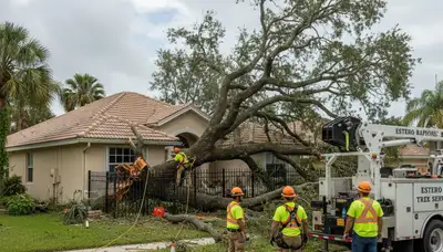 Emergency tree removal crew clearing storm-damaged trees in Estero near Cape Coral, FL homes