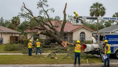Emergency tree removal crew clearing storm-damaged trees in Punta Gorda, FL after severe storm