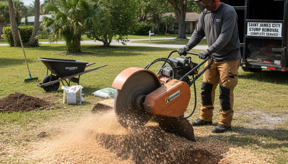 Professional stump grinding removing tree stumps in Saint James City, FL by Cape Coral tree service experts