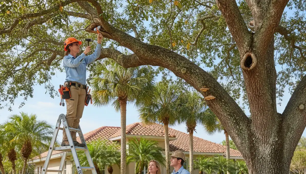 Certified arborist performing tree health assessment for homeowners in Estero, FL near Cape Coral