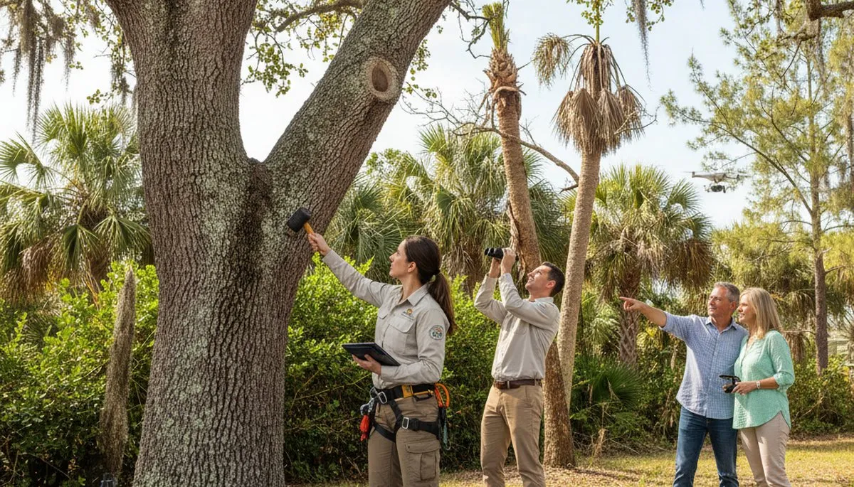 Certified arborist performing tree health assessment for homeowners in Fort Myers Beach, FL
