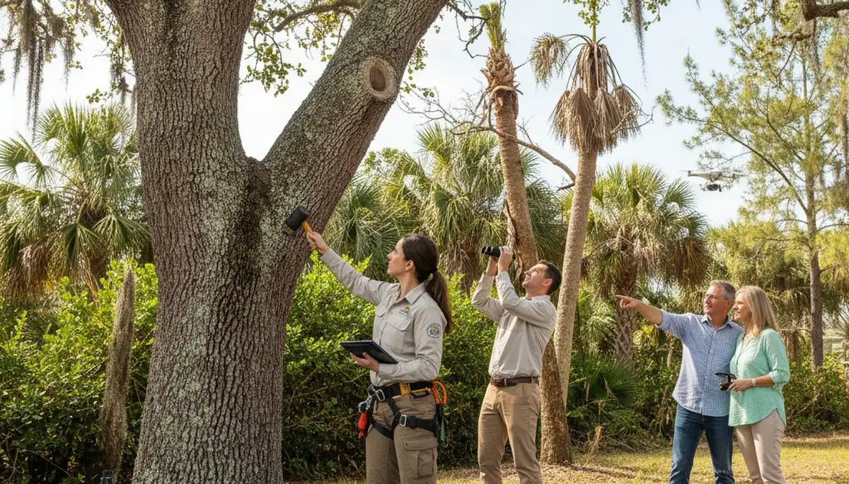 Certified arborist performing tree health assessment for homeowners in Fort Myers Beach, FL