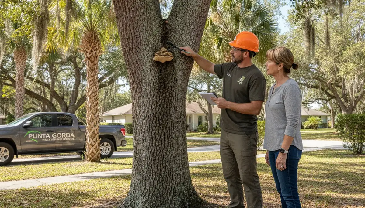 Certified arborist performing tree health assessment for homeowners in Punta Gorda, FL