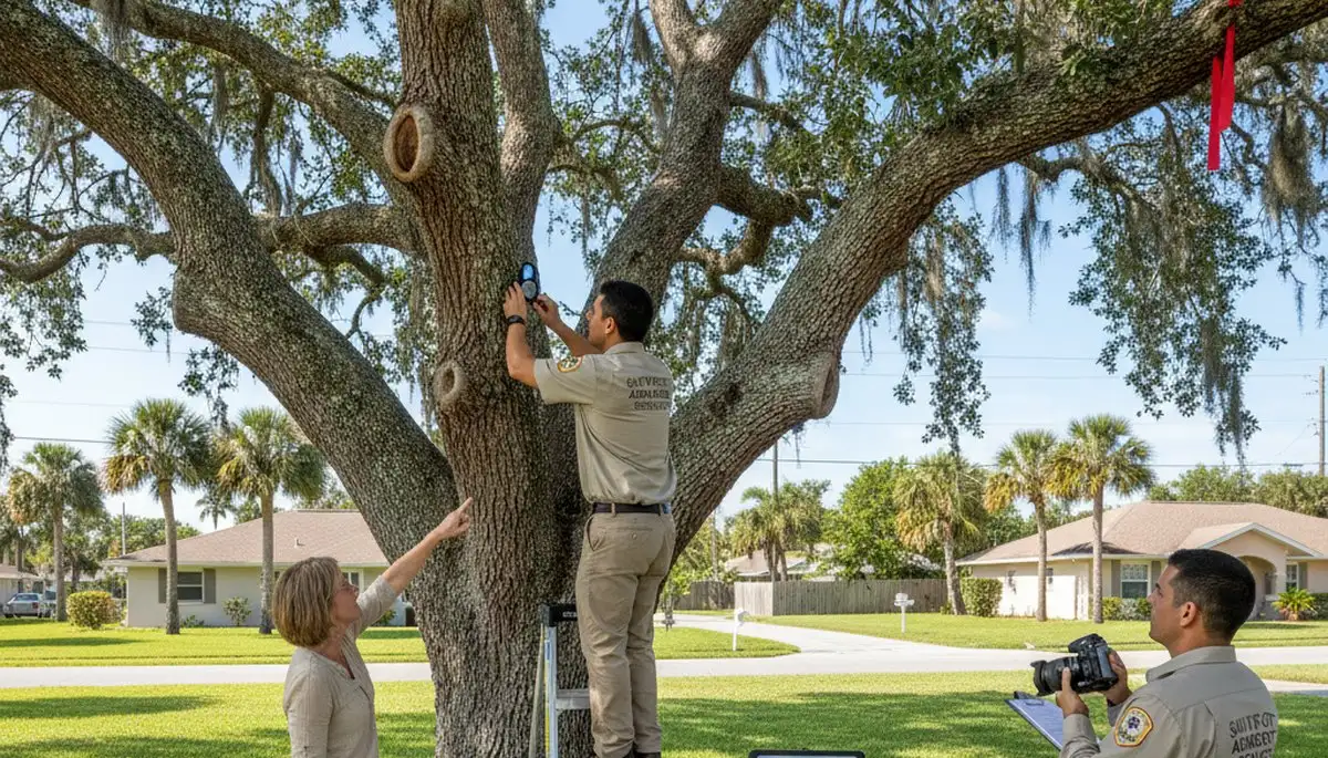 Certified arborist performing tree health assessment in Saint James City, FL for Cape Coral tree service