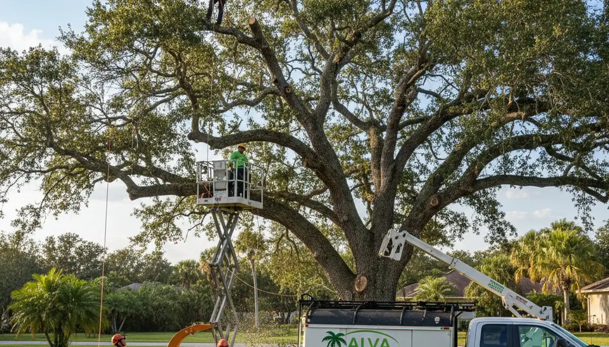 Professional tree removal service in Cape Coral FL safely cutting and clearing large oak tree