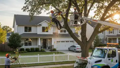 Arborist trimming palm tree for hurricane safety in Cape Coral, FL