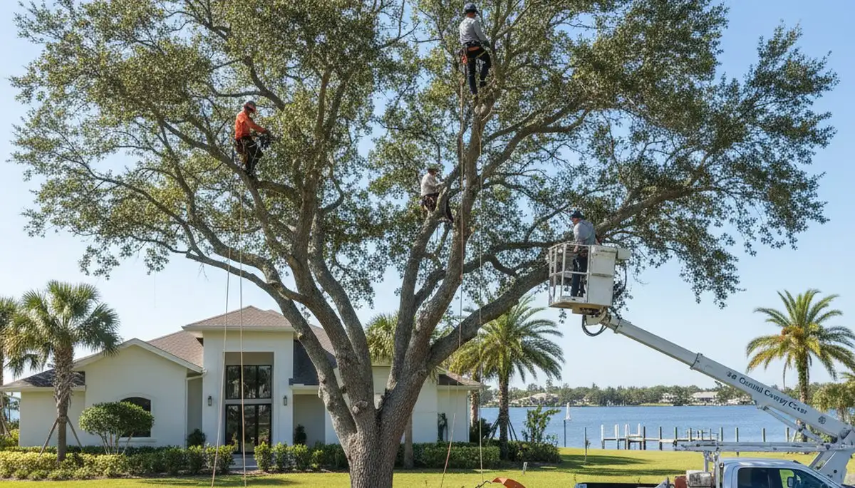 Professional tree removal service in Cape Coral FL safely cutting and clearing large oak trees